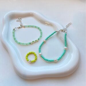 Handmade Green & Yellow Beaded Jewelry Set with Freshwater Pearls Bracelets Ring